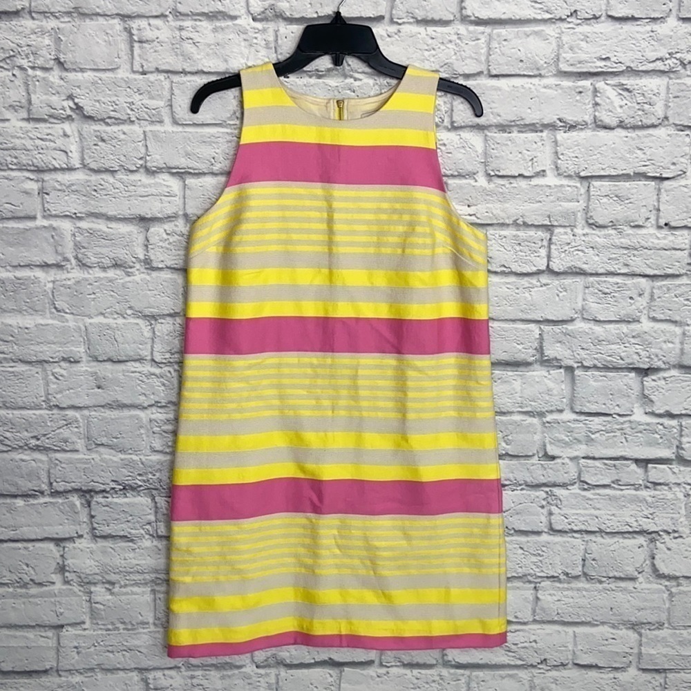 Ann Taylor LOFT 8 Dobby Corded Yellow Pink Striped Sleeveless Shift Dress